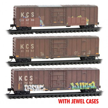 Micro-Trains 50' Rib-Side Plug-Door Boxcar No Roofwalk 3-Pack Jewel Cases - Ready to Run -- Kansas City Southern #117694, 117251, 117452 (Weathered, brown, Graffiti) - 489-98305018