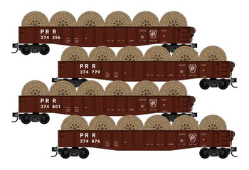 Micro-Trains 50' Fishbelly Drop-End Gondola with Spool Load 4-Pack - Ready to Run -- Pennsylvania Railroad 374256, 374779, 374801, 374876 (Tuscan, plain Keystone - 489-99300168