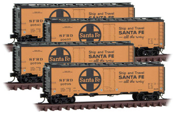 Micro-Trains 40' Steel Ice Reefer 4-Pack - Ready to Run -- Santa Fe 20541, 20657, 20708, 20721 (orange, black, Ship and Travel Slogan) - 489-99300183