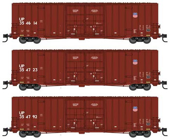 Micro-Trains 60' Rib-Side, Double-Plug-Door High-Cube Boxcar 3-Pack - Ready to Run -- Union Pacific 354614, 354723, 354792 (Boxcar Red, Small Shield Logo) - 489-99302150