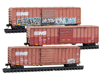 Micro-Trains 50' Rib-Side Single-Door Boxcar No Roofwalk 3-Pack - Ready to Run -- Norfolk Southern #403233, 403282, 403365 (Weathered, Boxcar Red, Graffiti) - 489-99305012
