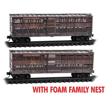 Micro-Trains 40' Despatch Stock Car 2-Pack Foam Nest - Ready to Run -- Union Pacific #47470D, 47483D (Weathered, yellow, red, silver) - 489-99305046