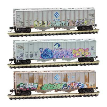Micro-Trains 50' Airslide Covered Hopper 3-Pack - Ready to Run -- Archer-Daniels-Midland 53077, 53084, 53100 (Weathered, gray, blue, Graffiti) - 489-99305720