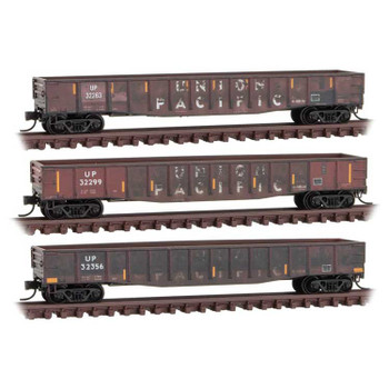 Micro-Trains 50' 15-Panel Fixed-End Gondola 3-Pack - Ready to Run -- Union Pacific 32263, 32299, 32356 (Weathered, Boxcar Red, yellow Conspicuit - 489-99305890