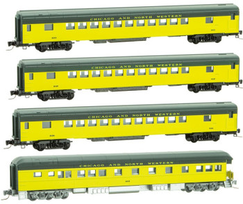 Micro-Trains 3 Streamline Coach, 1 Heavyweight Business Car Set - Ready to Run -- Chicago & North Western 803, 807, 824, 403 (Simplified Scheme, yellow, gree - 489-99401240