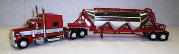 Trucks n stuff Peterbilt 389 Sleeper Cab Tractor w/Pneumatic Bulk Trailer - Assembled -- Cerri Family Feed (silver, red, chrome) - 734-SPEC010
