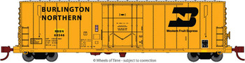 Wheels of Time PC&F 50' 70-Ton Insulated Plug-Door Boxcar w/10' Superior Door - Ready to Run -- Burlington Northern RBBN #64535 (yellow, black, Large BN/WFE Logo) - 805-61076