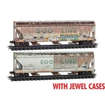 Micro-Trains ACF 3-Bay Center Flow Covered Hopper, Hatches 2-Pack, Foam Nest - Ready to R -- Soo Line #74181, 74289 (Weathered, gray, green, yellow, graffiti) - 489-98305047