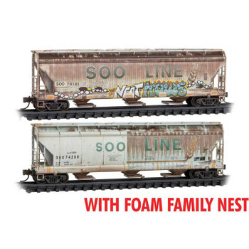 Micro-Trains ACF 3-Bay Center Flow Covered Hopper, Hatches 2-Pack, Jewel Case - Ready to -- Soo Line #74181, 74289 (Weathered, gray, green, yellow, graffiti) - 489-99305047