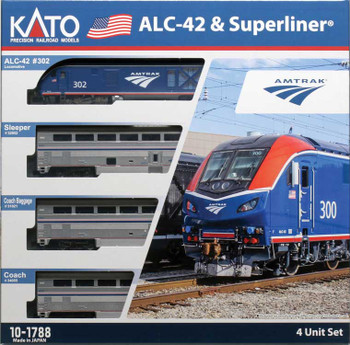 Kato Siemens ALC-42 Charger & 3 Cars Train-Only Set w/Interior Lights - Standard DC -- Amtrak #302, Sleeper, Coach, Coach-Baggage - KAT1017881