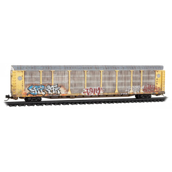 Micro-Trains 89' Tri-Level Enclosed Auto Rack - Ready to Run -- BNSF Railway TTX #852068 (Weathered, yellow, silver, black, graffiti) - 489-11144103