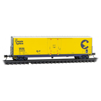 Micro-Trains 50' Boxcar with 8' Plug Door, No Roofwalk, Short Ladders - Ready to Run -- Chessie System WM #36003 (yellow, blue, silver) - 489-18100310