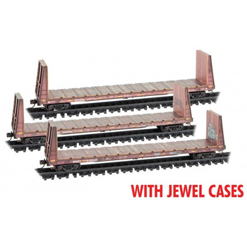 Micro-Trains 61' 8" Bulkhead Flatcar 3-Pack - Ready to Run - Jewel Case -- BNSF Railway #545129, 545404, 545293 (Weathered, Boxcar Red, graffiti) - 489-98305051