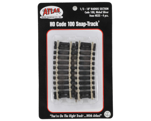 Atlas Code 100 Curved Snap-Track(R) Nickel-Silver Rail -- 1/3 Section, 18" Radius (Black Ties) pkg(4) - ATL835