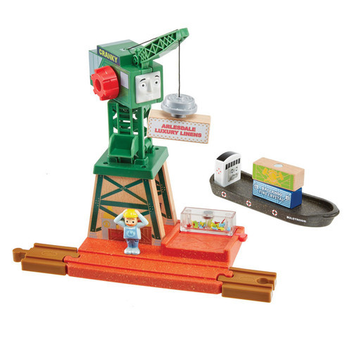 Fisher Price Cranky at the Docks - Thomas and Friends(TM) Wooden Railway -- Set with Crane, Cargo Pieces, Figure and Barge - FRPGGG70