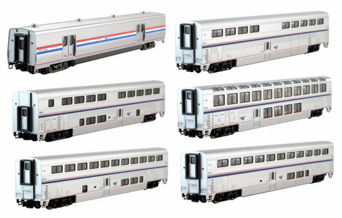 Kato Viewliner Baggage & 5 Superliner Car Bookcase Set -- Amtrak (Phase VI, silver, blue red) - KAT101789