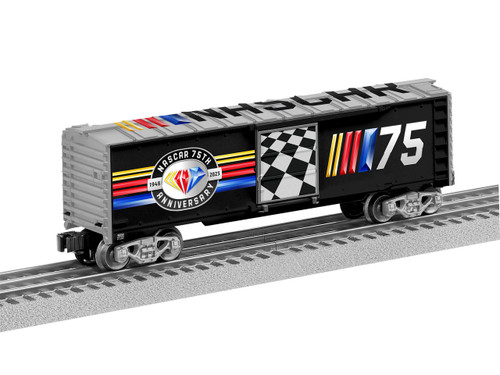 Lionel Steel Boxcar - 3-Rail - Ready to Run -- Nascar 75th Anniversary (black, silver, color graphics) - LNL2338250