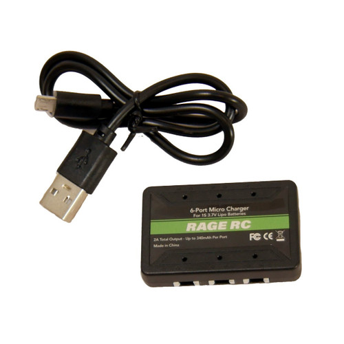 Rage RC 6-Port 1S Micro USB Charger; Tempest 600, Super Cub MX, P-51D, F4U, T-28 - RGRA1350
