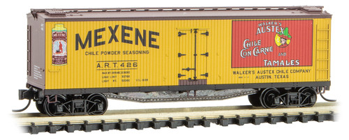 Micro-Trains 40' Double-Sheathed Wood Reefer - Ready to Run -- Mexene ART 426 (yellow, Boxcar red, red, black) - 489-4700430