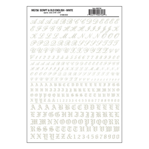 Woodland Scenics Dry Transfer Alphabet & Numbers - Script/Old English -- White - WOOMG756