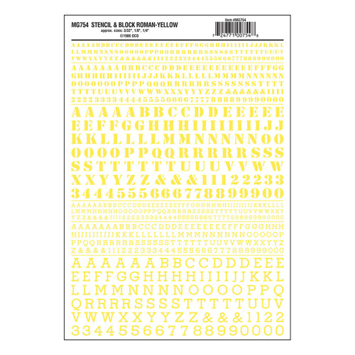 Woodland Scenics Dry Transfer Alphabet & Numbers - Stencil/Block Roman -- Yellow - WOOMG754