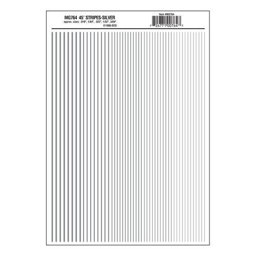 Woodland Scenics Dry Transfer Stripes - .010, 1/64, .022, 1/32 & 3/64" Wide -- Silver - WOOMG764