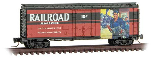 Micro-Trains 40' Plug-Door Boxcar - Ready to Run -- Railroad Magazine, November 1931 Thanksgiving Turkey Raffle (red, black; Yea - 489-50200648