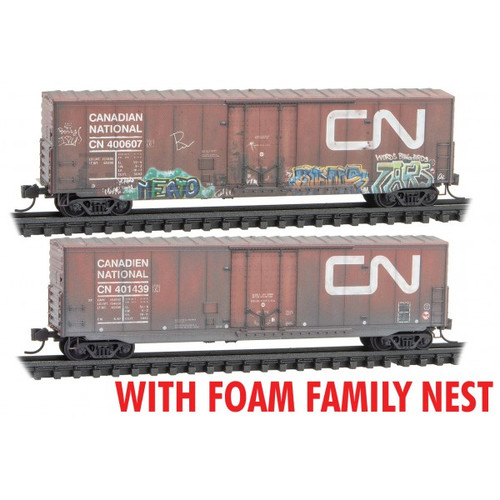 Micro-Trains 489-99305017 50' Boxcar w/8' Plug Door, No Roofwalk, Short Ladders 2-Pack - Ready to Run -- Canadian National #400607, 401439 (Weathered, Boxcar Red, Noodle Logo, Graff - 489-99305017