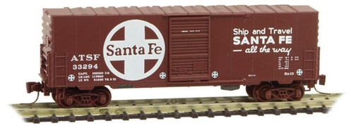 Micro-Trains 40' Single-Door Boxcar No Roofwalk - Ready to Run -- Santa Fe #33294 (Boxcar Red, white, Large Logo, Ship & Travel Slogan) - 489-50300131