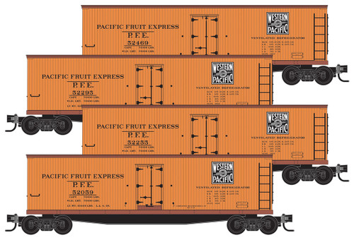 Micro-Trains 40' Double-Sheathed Wood Reefer 4-Pack - Ready to Run -- Pacific Fruit Express 52059, 52255, 52295, 52469 (orange, Boxcar Red, WP Log - 489-99300171