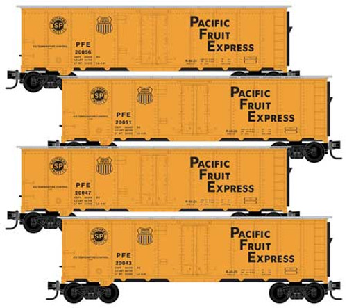 Micro-Trains 40' Steel Ice Reefer 4-Pack - Ready to Run -- Pacific Fruit Express 20043, 20047, 20051, 20056 (orange, silver, black Logo - 489-99300175