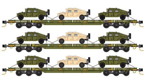 Micro-Trains N DODX 'OLIVE DRAB' FLAT CAR 3/PK W/HMV'S - 489-99301810