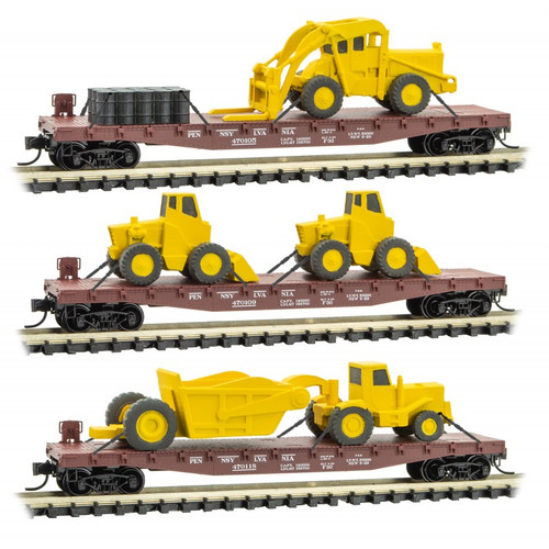 Micro-Trains 50' Fishbelly-Side Flatcar with Construction Loads 3-Pack - Ready to Run -- Pennsylvania Railroad 470105, 470109, 470118 (Tuscan) - 489-99301940