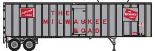 Trainworx Flexi-Van 40' Exterior-Post Semi Trailer with Curb Door - Assembled -- Milwaukee Road 12 (silver, red, Spelled-Out Roadname and Logo) - 744-4043412