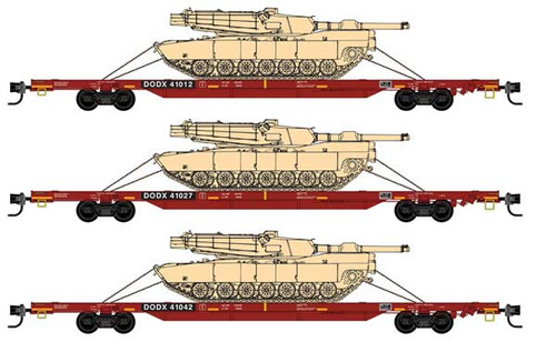 Micro-Trains 6-Axle 68' Flatcar with Abrams Tank Load 3-Pack Jewel Cases - Ready to Run -- US Department of Defense DODX #41012, 41027, 41042 (red) - 489-98302214