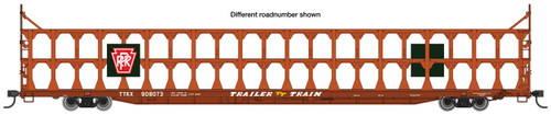 Walthers Mainline HO 89' Flatcar w/Tri-Level Open Auto Rack - Ready to Run -- Pennsylvania Railroad Rack Trailer-Train Flatcar #908124 (brown)
