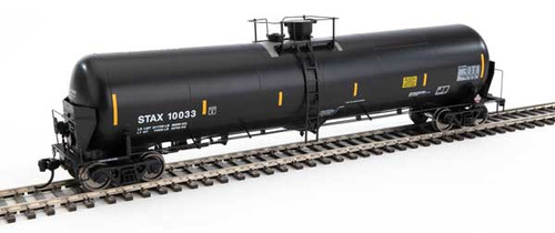 WalthersProto 55' Trinity Modified 30,145-Gallon Tank Car - Ready to Run -- Stauffer Chemical Co. STAX #10033 (black, white, yellow conspicuity marks) - 920-100751