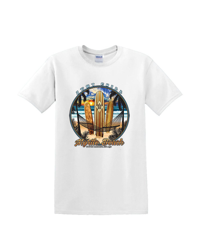 MYRTLE BEACH JUST CHILL SURF BOARD T-SHIRT