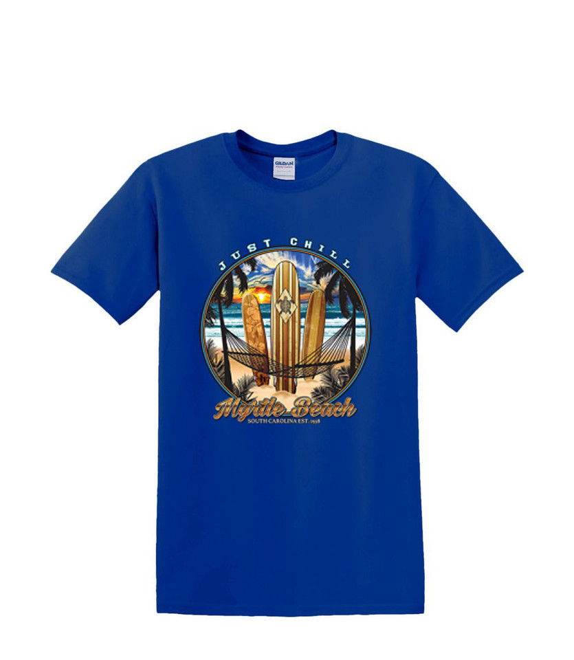 MYRTLE BEACH JUST CHILL SURF BOARD T-SHIRT