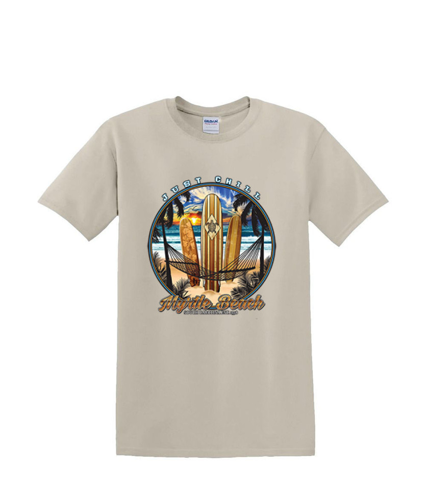 MYRTLE BEACH JUST CHILL SURF BOARD T-SHIRT