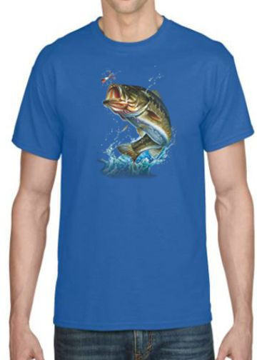 BIG MOUTH ACTION BASS FISH ON T-SHIRT
