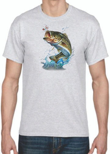 BIG MOUTH ACTION BASS FISH ON T-SHIRT