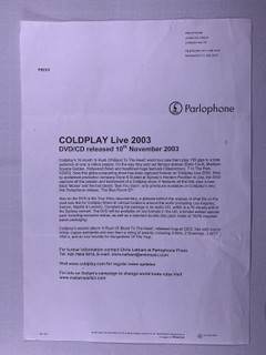 Coldplay Press Release Original Parlophone Coldplay Live 2003 front