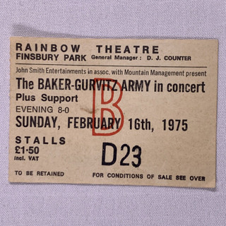 Cream The Baker-Gurvitz Army Ticket Original Rainbow Theatre 1975 front