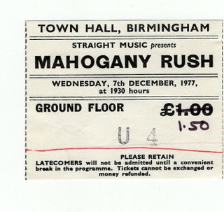Mahogany Rush Frank Marino Ticket Vintage Birmingham Town Hall 1977 front