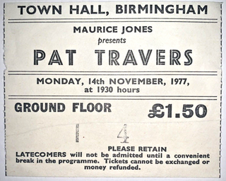 Pat Travers Ticket Vintage Putting It Straight Tour Birmingham 1977 front
