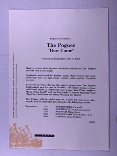 The Pogues Press Release Original Vintage Wea Records How Come September 1995 front