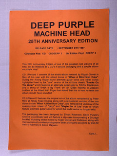 Deep Purple Press Release Original EMI Machine Head 25th Anniversary 1997 front