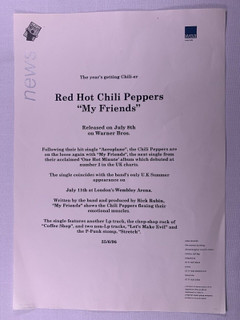 Red Hot Chilli Peppers Press Release Original Wea Records My Friends 1996 front