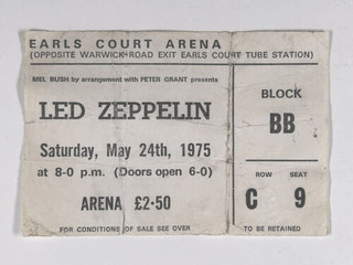 Led Zeppelin Ticket Original Vintage Earls Court 1975 front